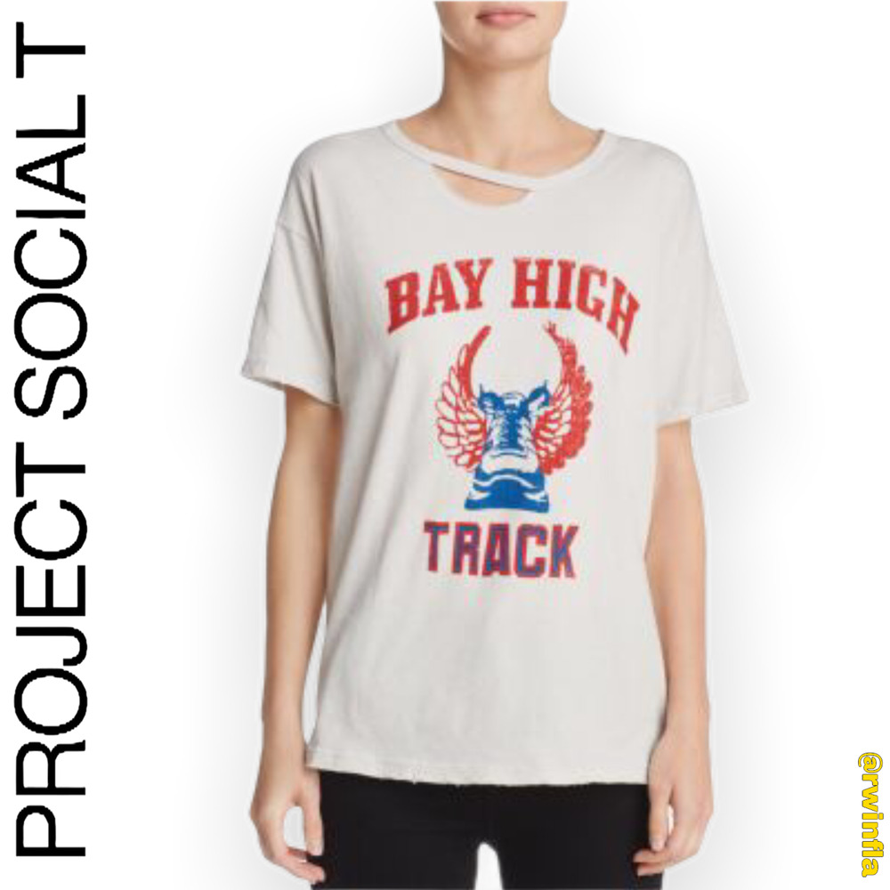 PROJECT SOCIAL T Bay High Track Cutout Distressed Tee White Women's Size Large